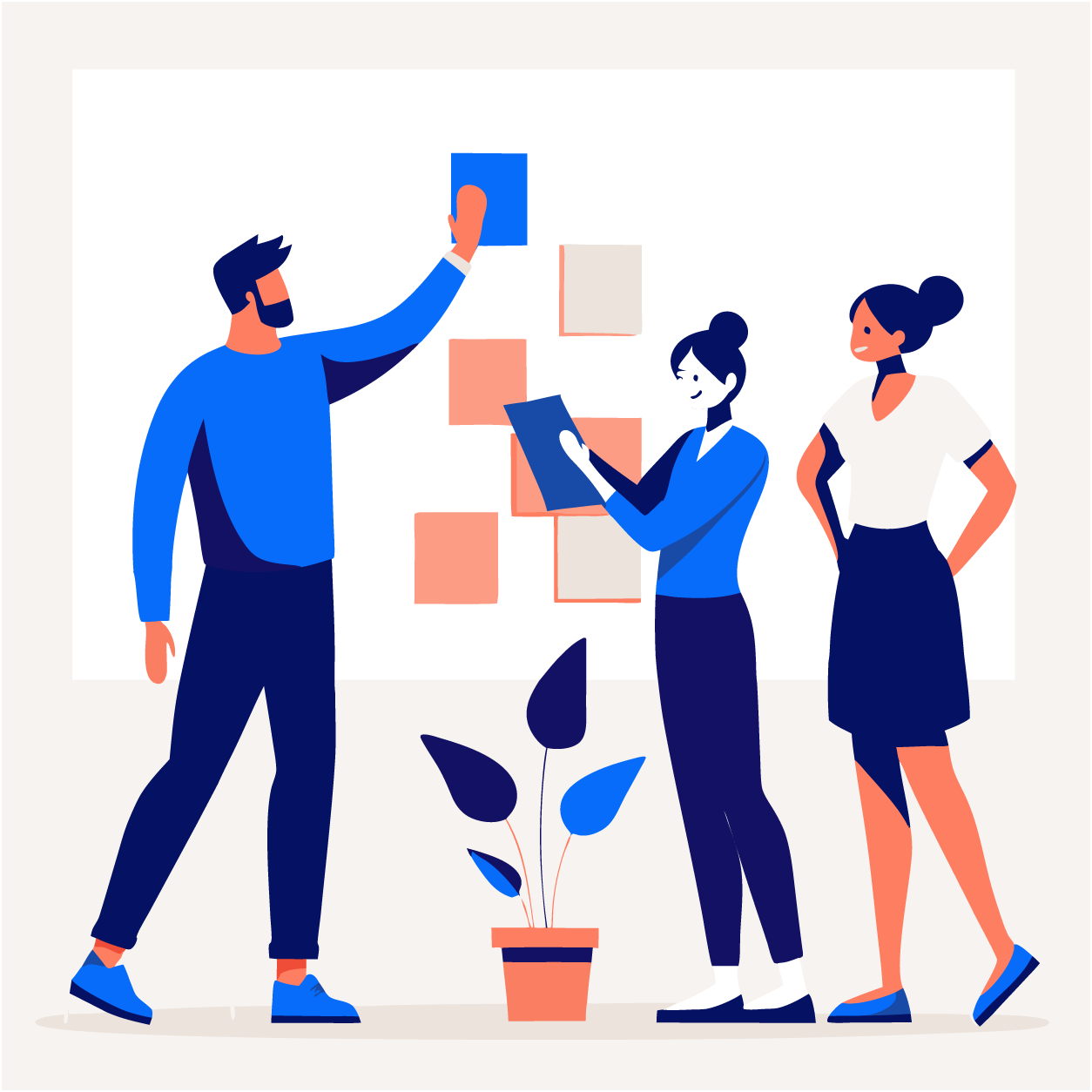 Icons of 3 people discussing and brainstorming