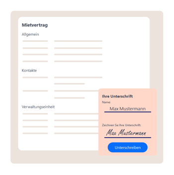 Grafische Darstellung eines Mietvertrags mit der Aufforderung zur digitalen Unterschrift